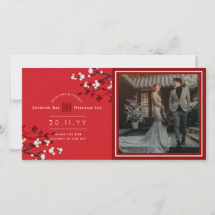Kersenbloesems 'Xie Xie' Chinese Wedding Foto Bedankkaart