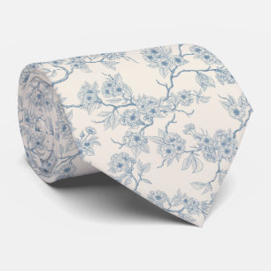 Kersenbloesemtakken in blauw en crèmewit stropdas