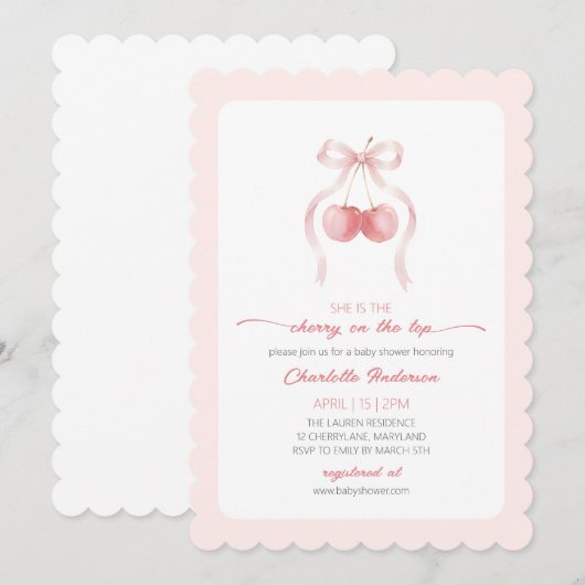 Kersencoquette lint meisje babyshower uitnodiging (Voorkant / Achterkant)