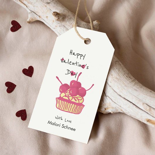 Kersencupcake Valentijn – Handgetekend dessert Cadeaulabel