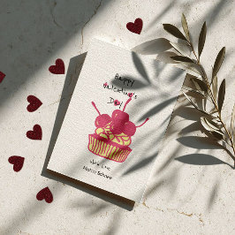 Kersencupcake Valentijn – Handgetekend dessert Feestdagenkaart