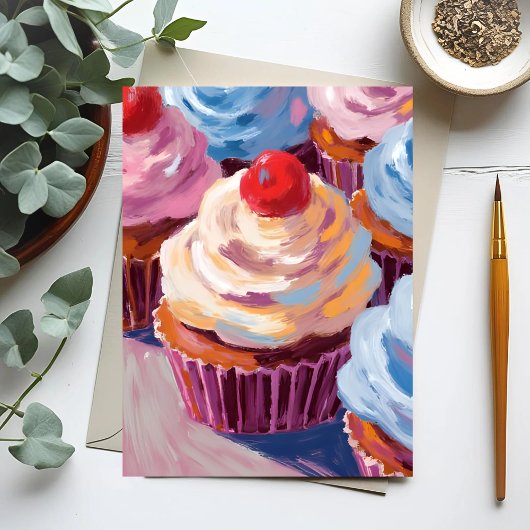 Kersencupcakes Gelukkige Verjaardag Schilderij Briefkaart