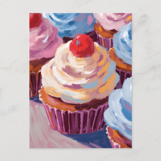 Kersencupcakes Gelukkige Verjaardag Schilderij Briefkaart (Voorkant)