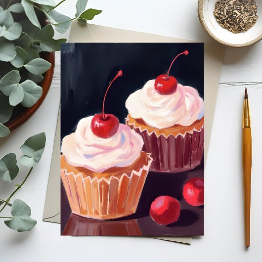 Kersencupcakes | Viering Aquarel Schilderij Briefkaart