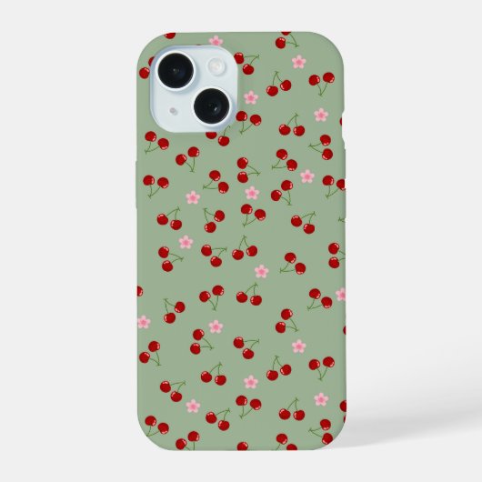 Kersenpatroon op groene achtergrond iPhone 15 case (Achterkant)