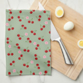 Kersenpatroon op groene achtergrond theedoek (Quarter Fold)