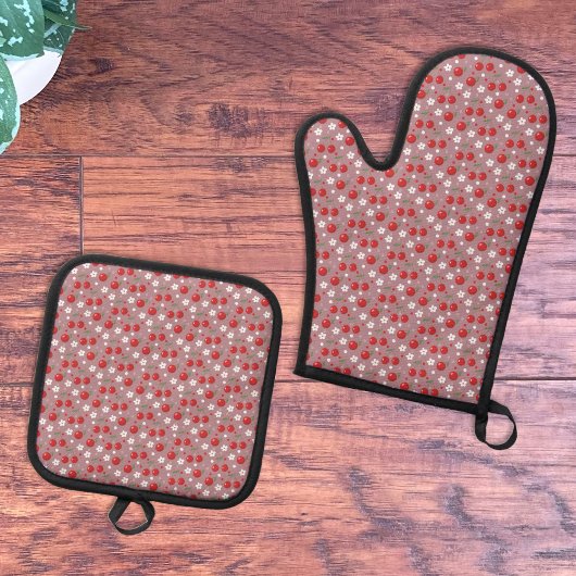 Kersenpatroon Oven Mitt en Pot Houders Set