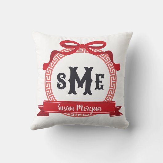 Kersenrode Griekse Sleutel Boog Monogram Kussen (Achterkant)