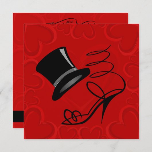 Kersenrode Harten Hoed en Hoge Hakken Nodigen Uit Kaart (Voorkant / Achterkant)