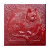 Kersenrood faux relief Art Nouveau Kat Tegeltje (Voorkant)