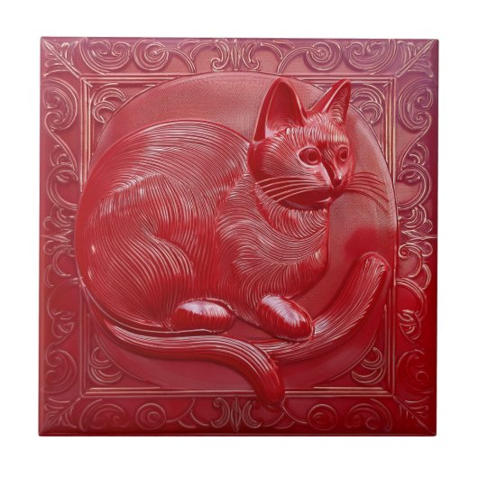 Kersenrood faux relief Art Nouveau Kat Tegeltje (Voorkant)