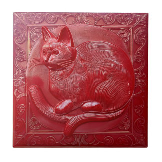 Kersenrood faux relief Art Nouveau Kat Tegeltje