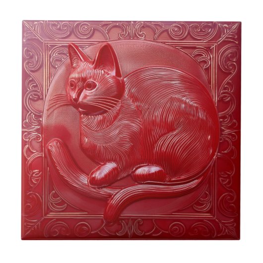 Kersenrood faux relief Art Nouveau Kat Tegeltje (Voorkant)
