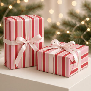 Kersenrood Roze Gestreepte Kerst- Cadeaupapier