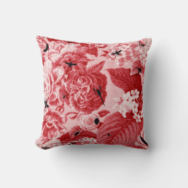 Kersenrood vintage botanisch & insect bloemmotief kussen