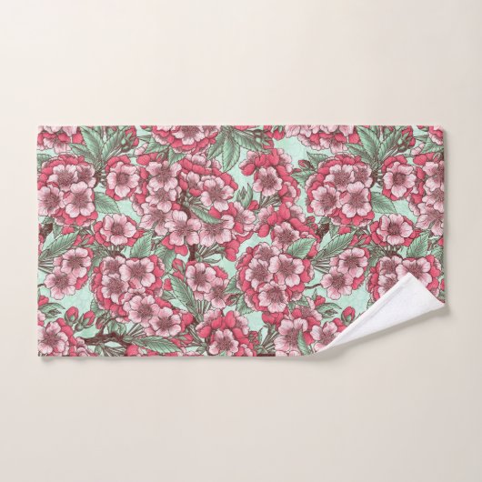 Kersensbloesem in roze en munt bad handdoek (Handdoek)
