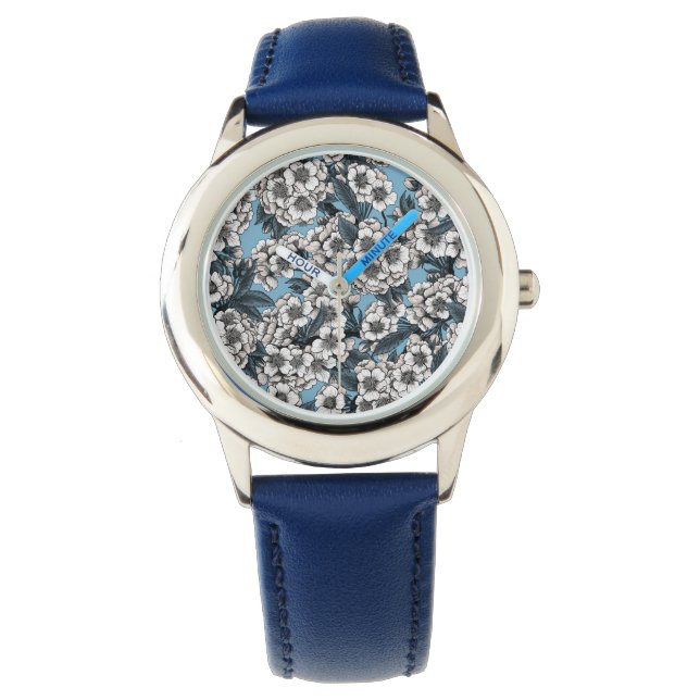 Kersensbloesem in wit en blauw horloge (Voorkant)