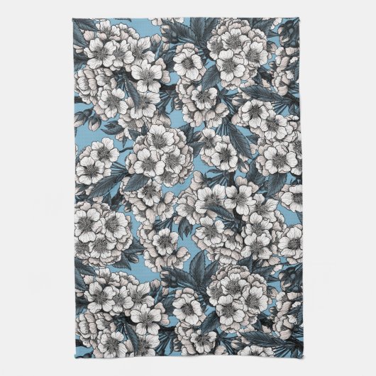 Kersensbloesem in wit en blauw theedoek (Verticaal)