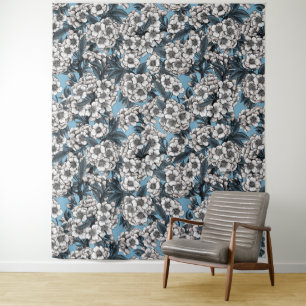 Kersensbloesem in wit en blauw wandkleed