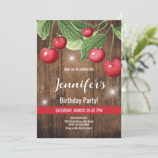 Kersenthema verjaardagsfeestje kaart (Staand voorkant)