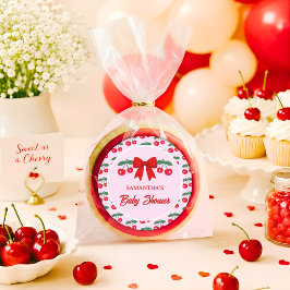 Kersje Baby Shower Rood Gingham Lint Ronde Sticker