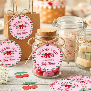 Kersje Baby Shower Rood Gingham Strik Bedankt Bedankjes Labels