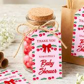 Kersje Baby Shower Rood Gingham Strik Bedankt Cadeaulabel