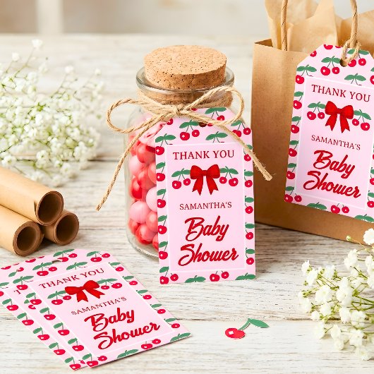 Kersje Baby Shower Rood Gingham Strik Bedankt Cadeaulabel