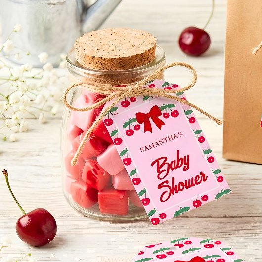Kersje Baby Shower Rood Gingham Strik Cadeaulabel