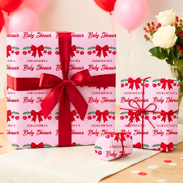 Kersje Baby Shower Rood Gingham Strik Cadeaupapier