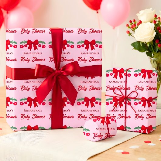 Kersje Baby Shower Rood Gingham Strik  Cadeaupapier