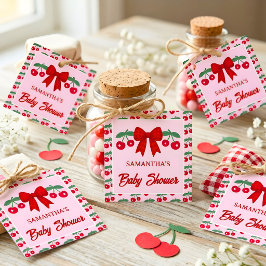 Kersjes Baby Shower Rood Gingham Strik Bedankjes Labels