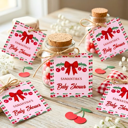 Kersjes Baby Shower Rood Gingham Strik Bedankjes Labels