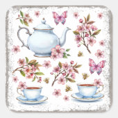 Kersroze bloem bloemveld met thee vierkante sticker (Voorkant)