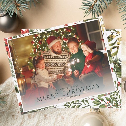 Kerst 1 Foto Waterverf Bessen Floral Notitiekaartje