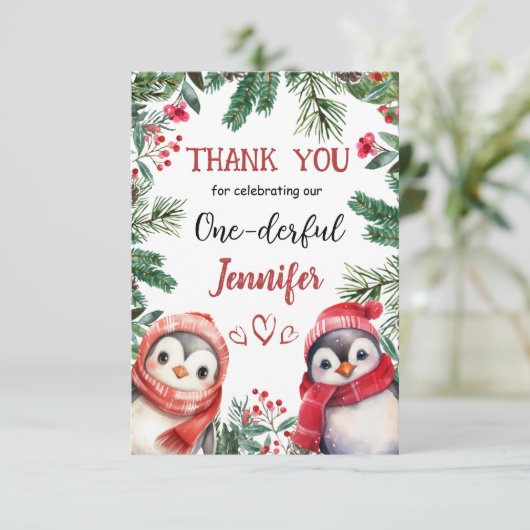 Kerst 1° Verjaardag Winter Schattige Dank u kaart (Staand voorkant)