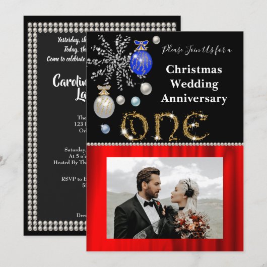 Kerst 1e bruiloft Jubileum Zwart & Goud Kaart (Voorkant / Achterkant)