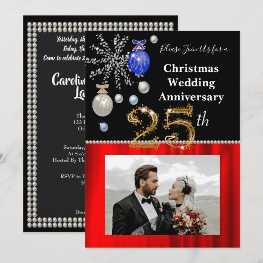 Kerst 25e bruiloft Jubileum zwart en goud Kaart (Voorkant / Achterkant)