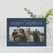 Kerst 2 foto waterverf botanisch marineblauw feestdagenkaart (Staand voorkant)