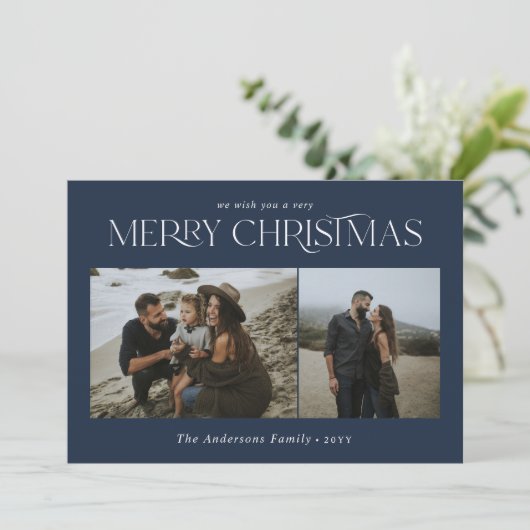 Kerst 2 foto waterverf botanisch marineblauw feestdagenkaart (Staand voorkant)