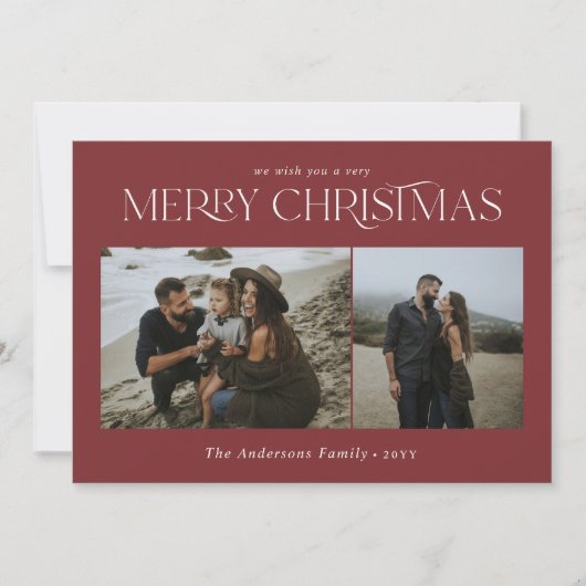 Kerst 2 foto waterverf botanische bordeaux feestdagenkaart (Voorkant)