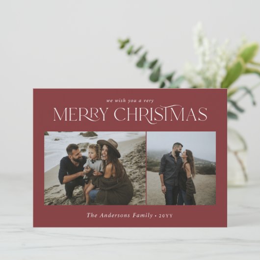 Kerst 2 foto waterverf botanische bordeaux feestdagenkaart (Staand voorkant)