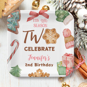Kerst 2e Verjaardag Meisje Roze Winter Party Papieren Bordje