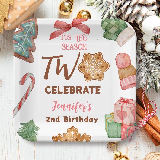 Kerst 2e Verjaardag Meisje Roze Winter Party Papieren Bordje