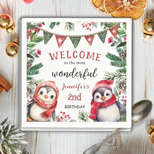 Kerst 2e Verjaardag Schattigee Pinguïn Winterfeest Servet