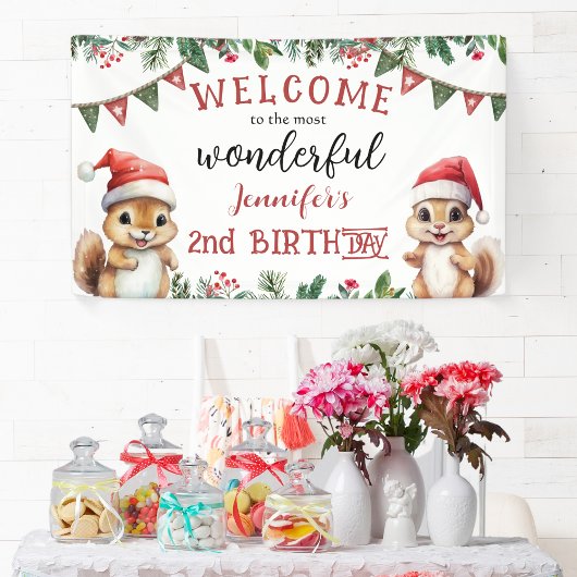 Kerst 2e Verjaardagsfeest Schattigee Eekhoorn Spandoek