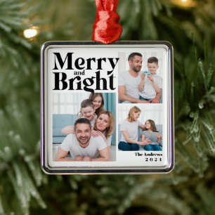Kerst 3 Familie Foto Collage Merry & Bright Metalen Ornament