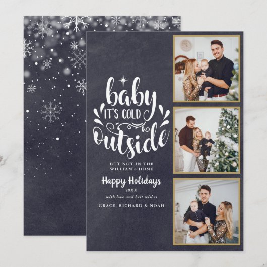 Kerst 3 Foto Collage Boho Krijtbord Feestdagenkaart (Voorkant / Achterkant)