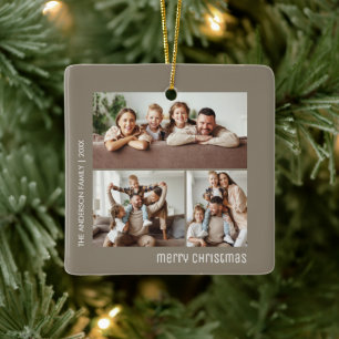 Kerst 4 Familie Foto Collage Taupe Keramisch Ornament