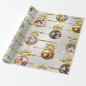 Kerst 5 Foto Gouden Ornamenten & Strepen Patroon Cadeaupapier (Uitgerold)
